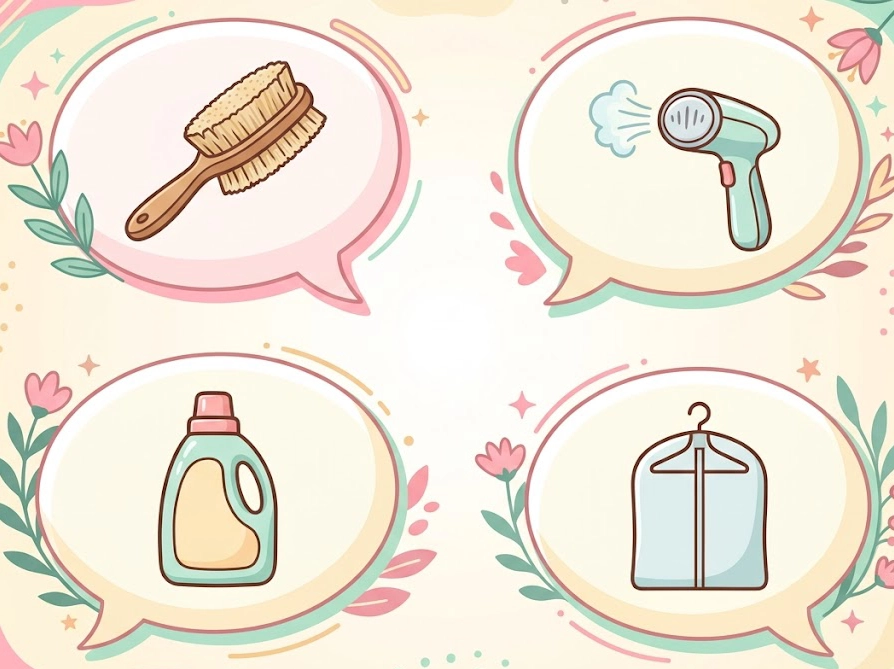 衣類ケアアイテムのアイコンが吹き出しに描かれたQ&Aイメージイラスト