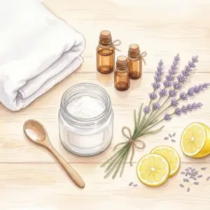 ドテラの精油や重曹などナチュラル素材が木のテーブルに並ぶ手作り洗濯洗剤のイメージイラスト