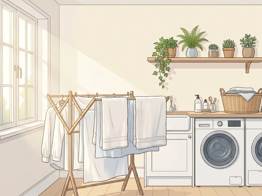 朝日が差し込む明るいランドリールームにふんわり干された白い洗濯物のイラスト