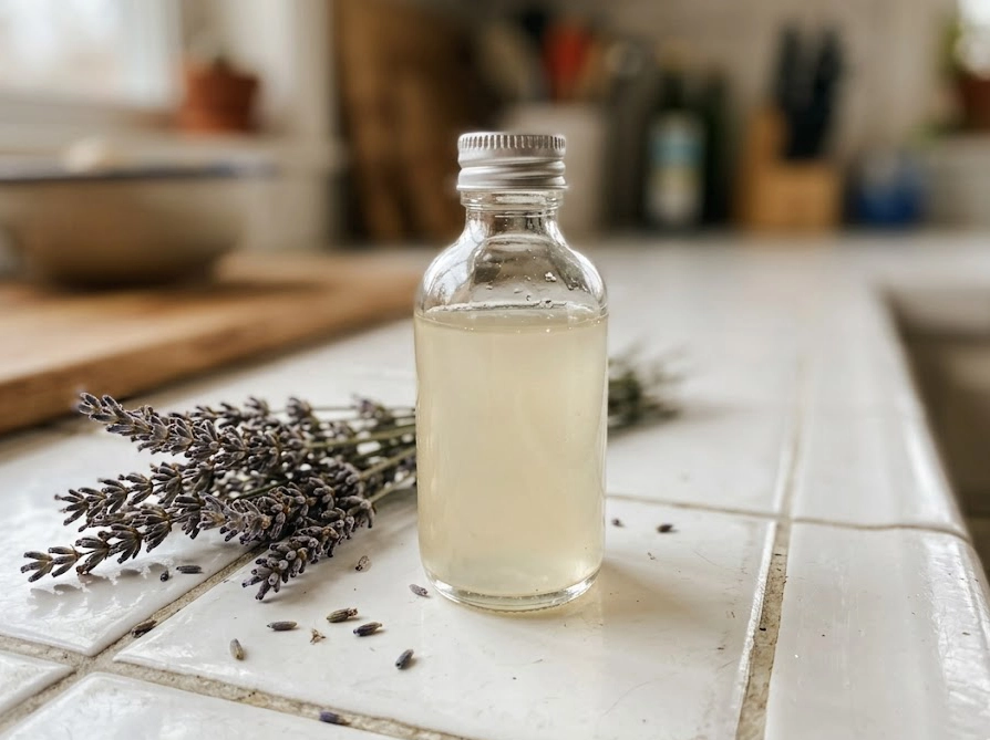 クエン酸とドテラの精油で手作りしたアロマ柔軟剤のガラスボトル