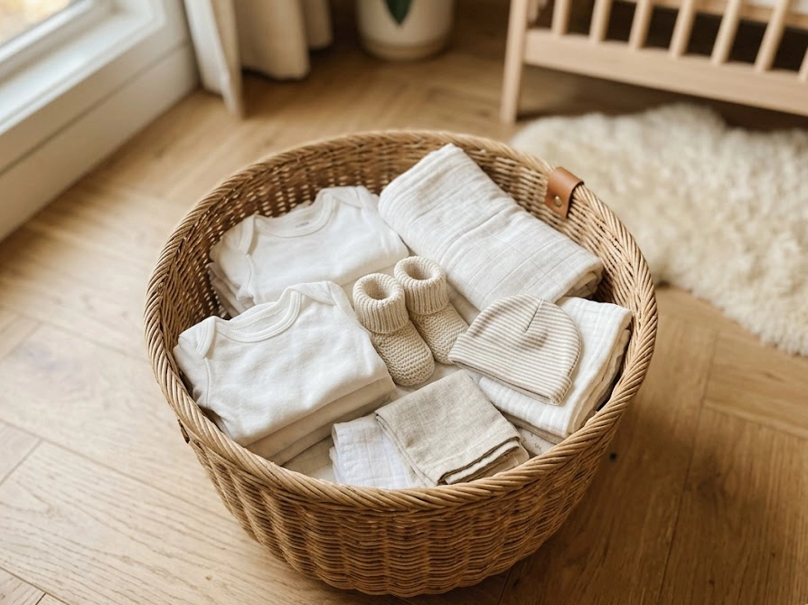 ナチュラルなバスケットに畳まれたふわふわのオーガニックコットンの赤ちゃん用衣類