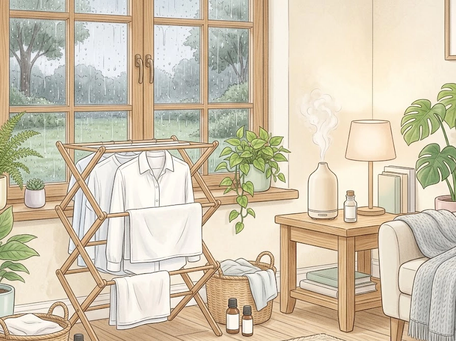 雨の日に部屋干しされた洗濯物とアロマディフューザーがある清潔なリビングのイラスト