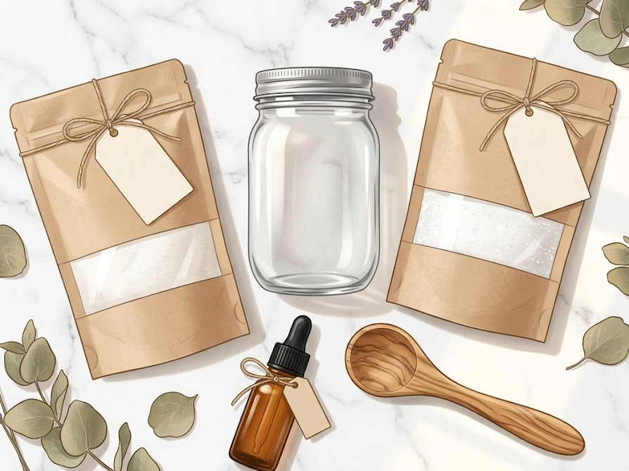 手作り洗濯洗剤に必要な材料と道具が白いカウンターに並んだフラットレイイラスト