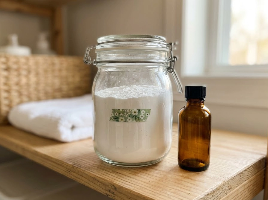 ガラス密閉ジャーに保存された手作り洗濯洗剤とラベリングされた容器