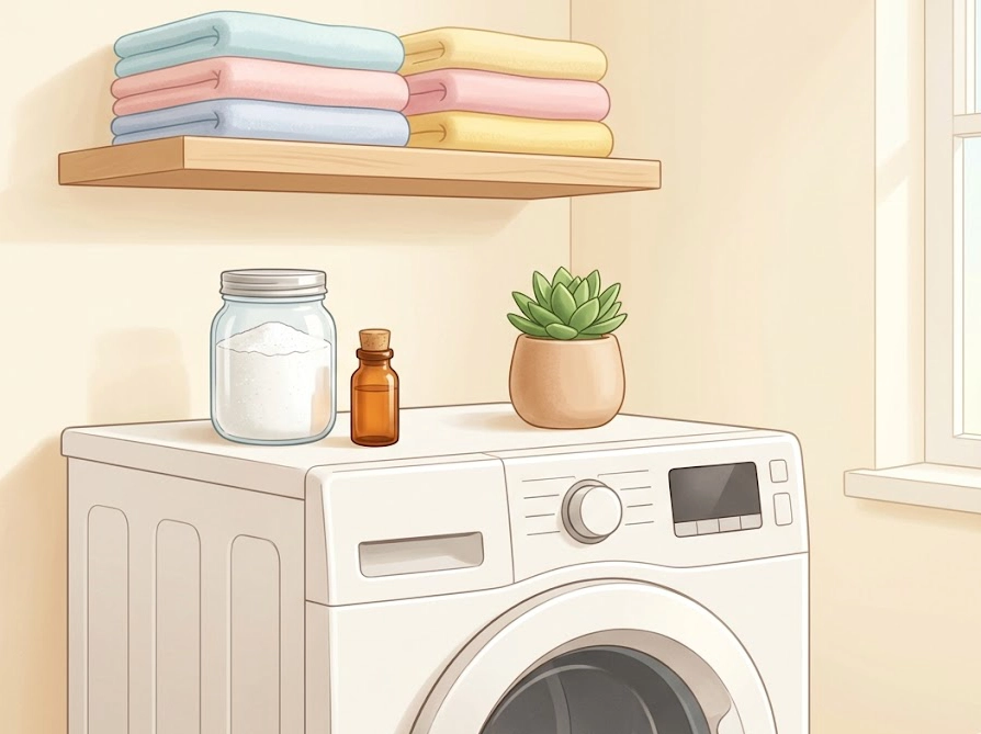 洗濯機の横に手作り洗剤のガラスジャーと精油が置かれたおしゃれなランドリーコーナーのイラスト