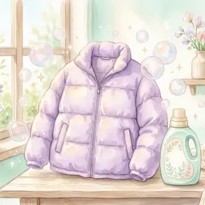ダウンジャケットをリセッター洗剤でふわふわに洗い上げるイメージの水彩イラスト