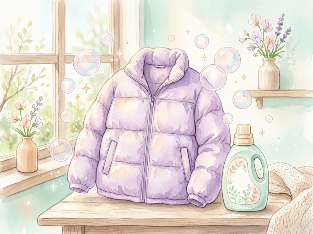 ダウンジャケットをリセッター洗剤でふわふわに洗い上げるイメージの水彩イラスト