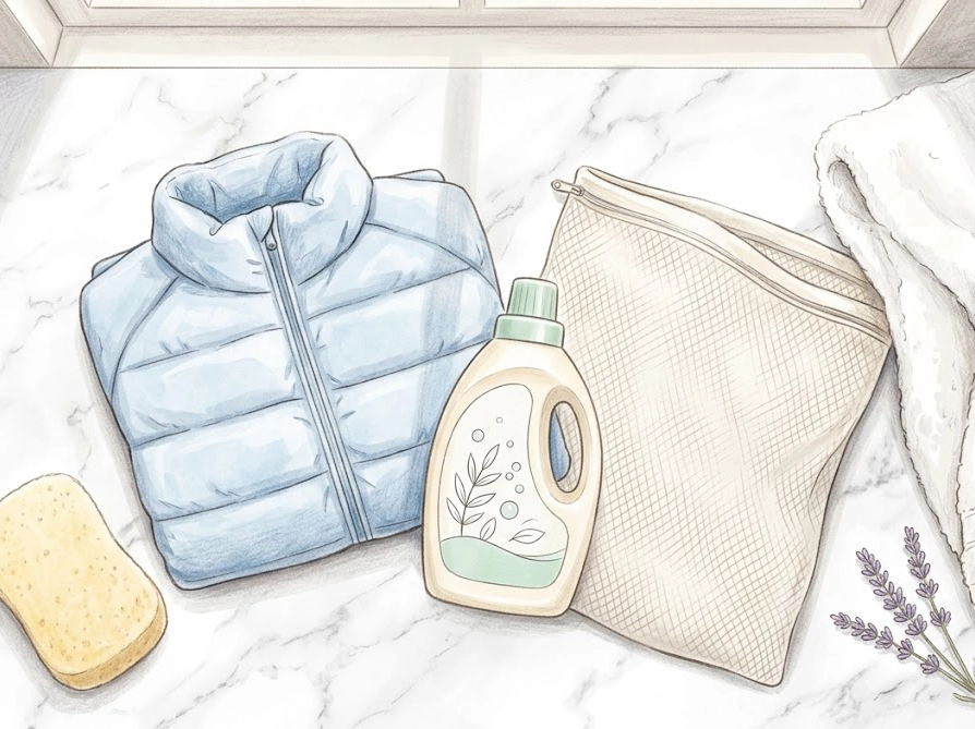 ダウンジャケット洗濯の準備に必要な洗剤・洗濯ネット・タオルなどを並べた俯瞰イラスト
