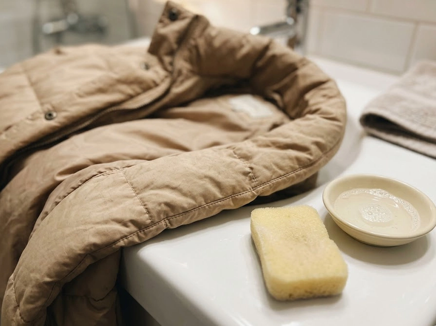 ダウンジャケットの襟元をスポンジと洗剤で部分洗いする事前処理の様子