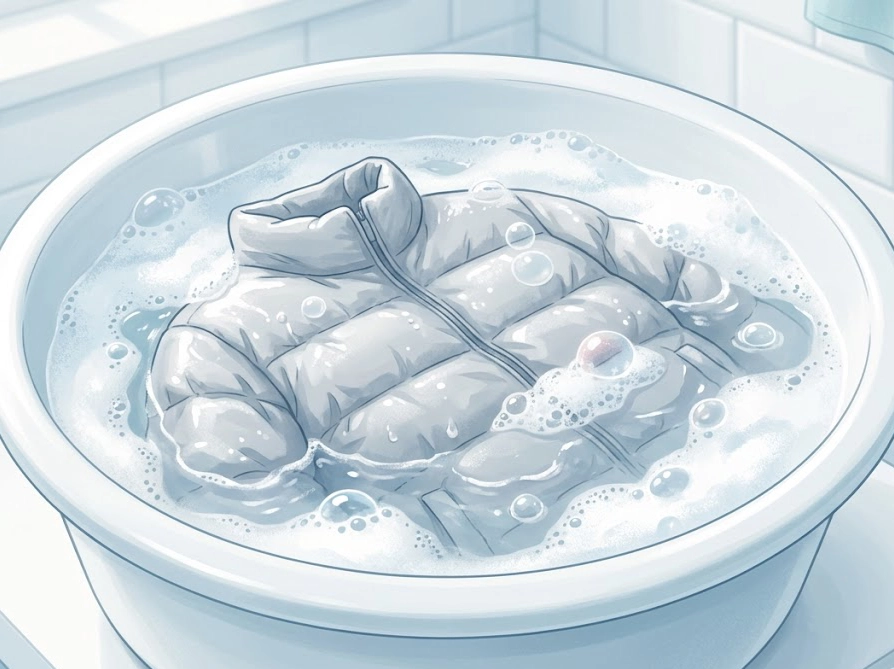 洗い桶にぬるま湯と洗剤を入れてダウンジャケットを押し洗いする実践イメージ