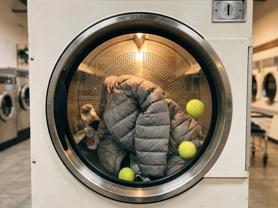 コインランドリーの大型乾燥機でテニスボールと一緒にダウンジャケットを乾燥させる様子
