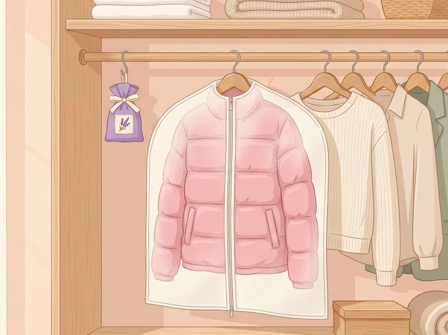 ふわふわに復活したダウンジャケットを不織布カバーで保管するクローゼットのイメージ