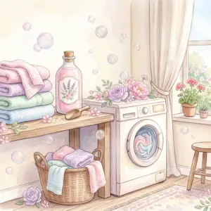 ダウニーと洗剤の組み合わせをイメージしたふわふわタオルと花の水彩イラスト