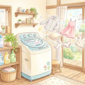 ドラム式専用洗剤と縦型洗濯機の組み合わせをイメージした明るい洗濯シーンのイラスト