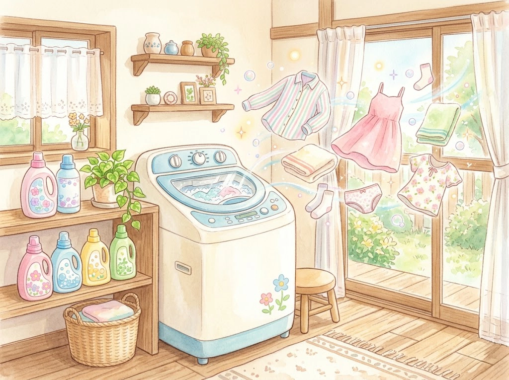 ドラム式専用洗剤と縦型洗濯機の組み合わせをイメージした明るい洗濯シーンのイラスト