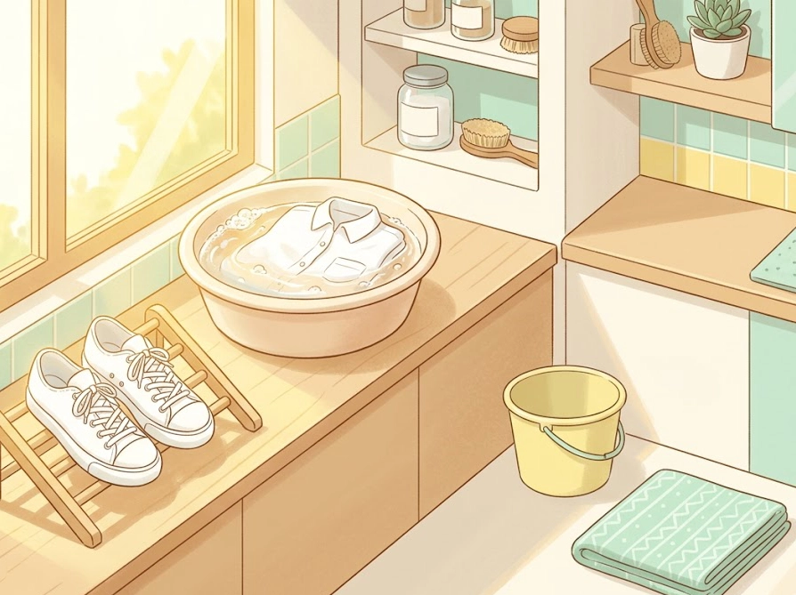 ドラム式専用洗剤のつけ置き洗いや靴洗いなどの活用シーンのイラスト