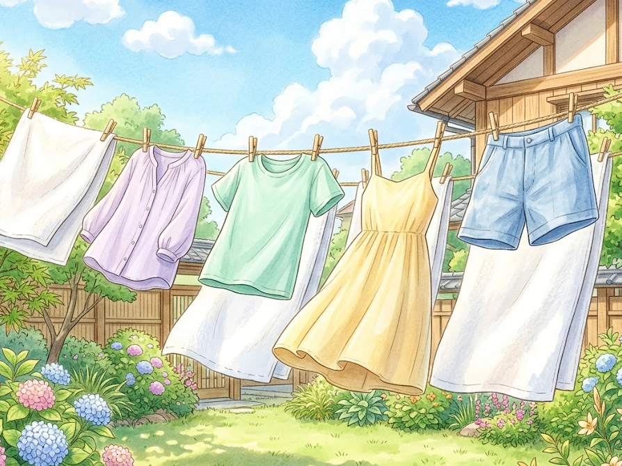 太陽の光の中でふわふわに仕上がった洗濯物が干されている爽やかなイラスト