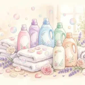 ファーファの柔軟剤と洗剤のおすすめ組み合わせをイメージしたパステルカラーのイラスト
