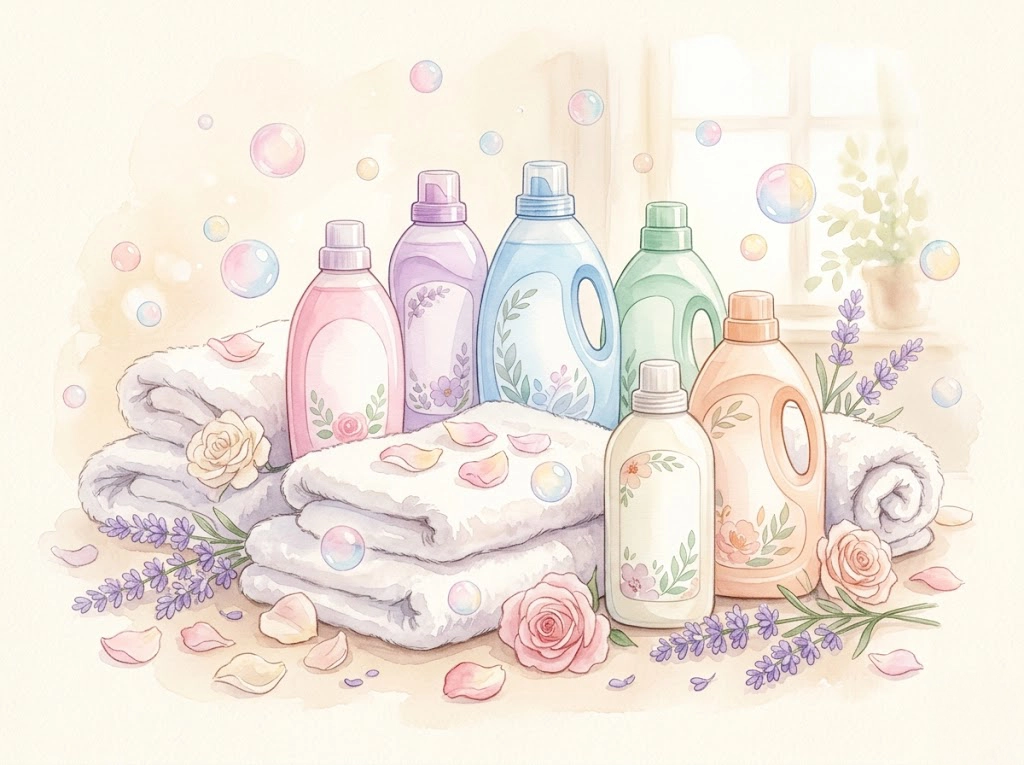 ファーファの柔軟剤と洗剤のおすすめ組み合わせをイメージしたパステルカラーのイラスト