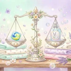 ジェルボールと液体洗剤を天秤で比較する水彩イラスト