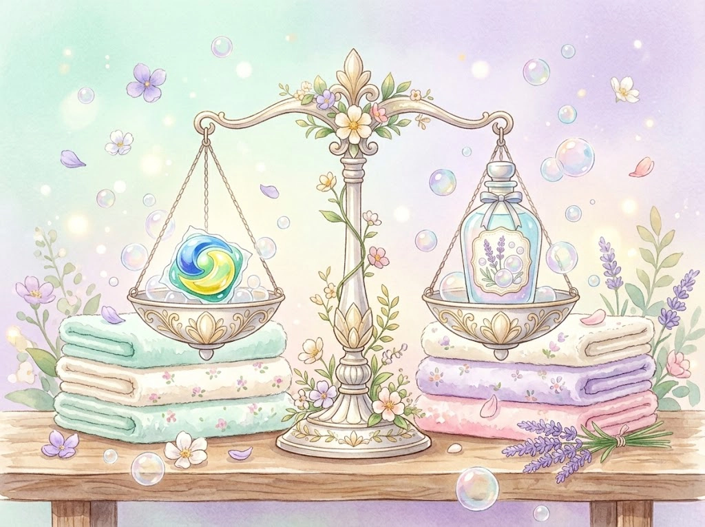 ジェルボールと液体洗剤を天秤で比較する水彩イラスト