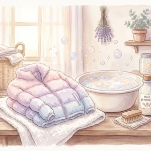 GUダウンジャケットの自宅洗いをイメージした水彩風イラスト