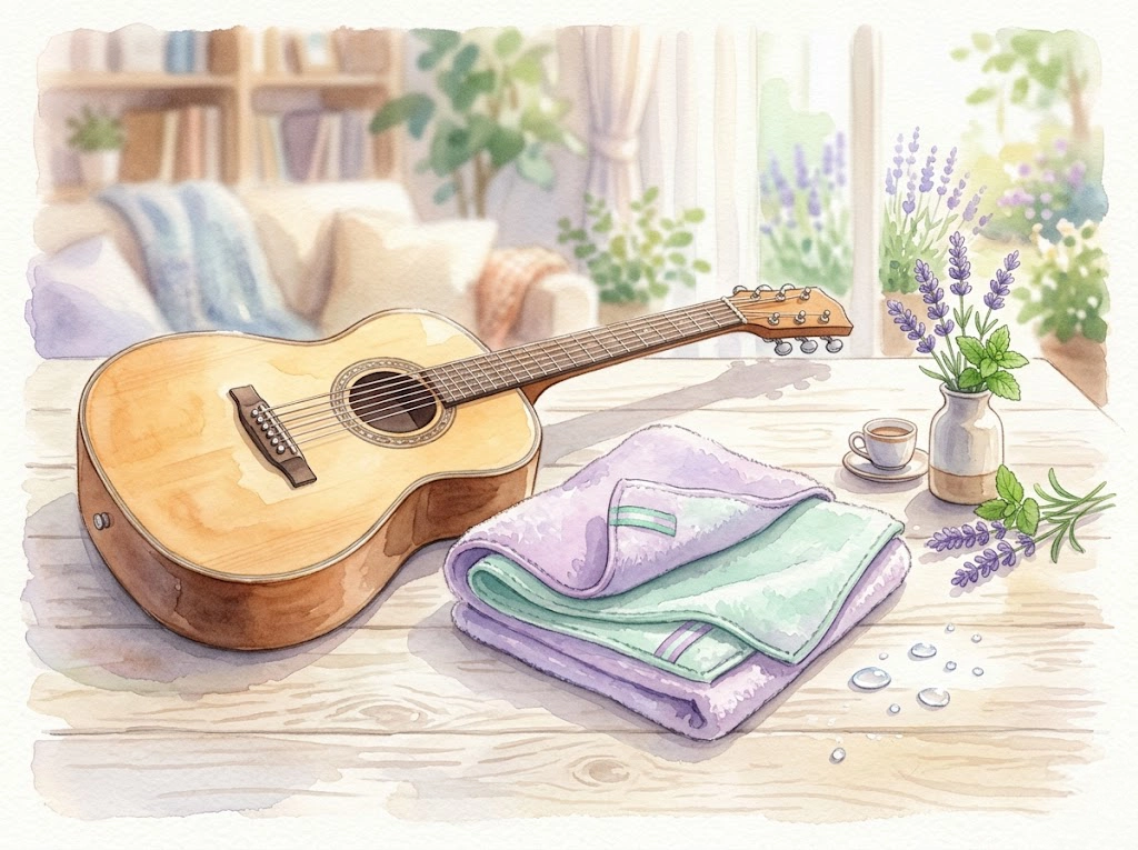 ギタークロスの洗い方を解説する記事のアイキャッチ画像（水彩風イラスト）
