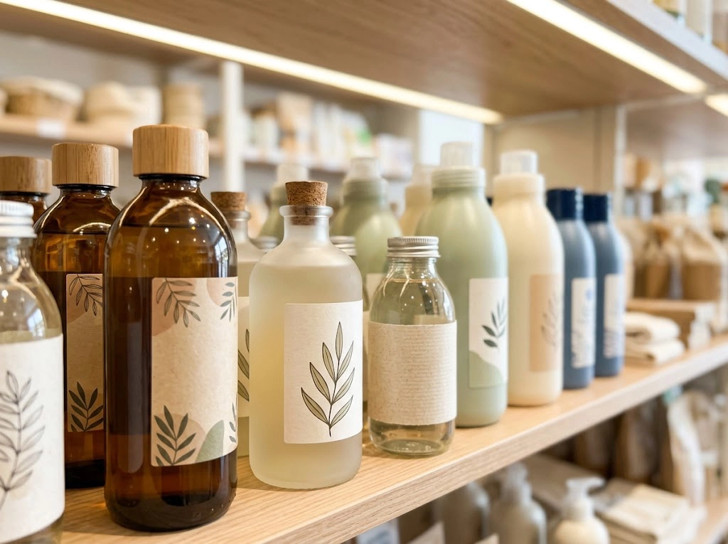 店頭の棚に並んだ複数の液体洗濯石鹸ボトルの選び方イメージ