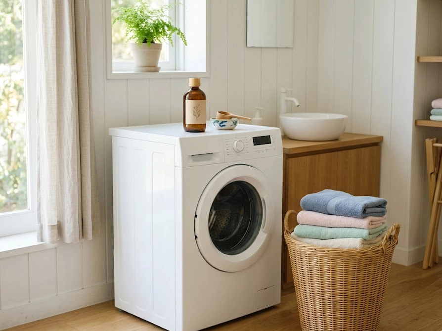 液体洗濯石鹸のボトルが置かれた明るいランドリールームと洗濯カゴ