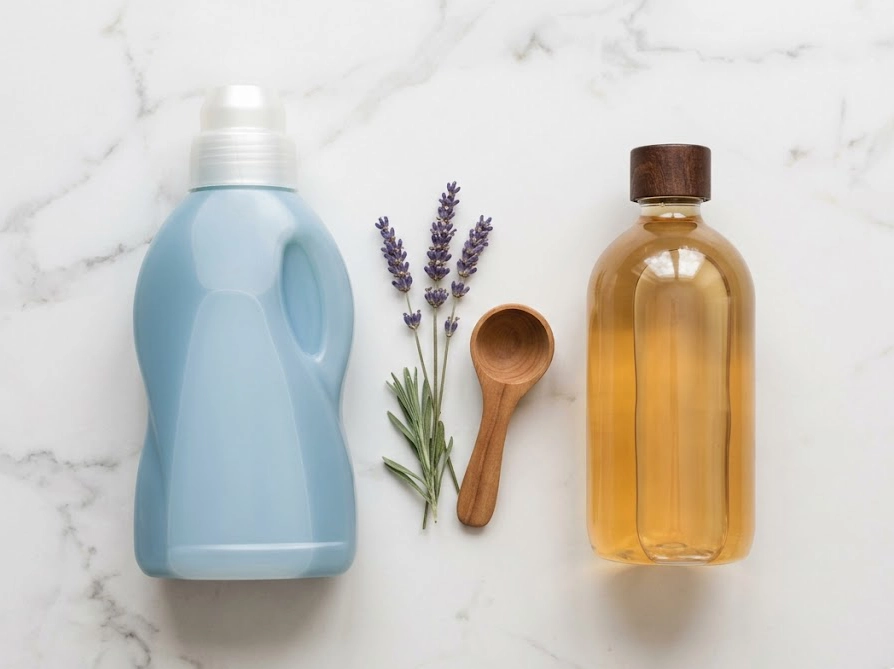 合成洗剤と液体洗濯石鹸のボトルを並べて比較した俯瞰写真
