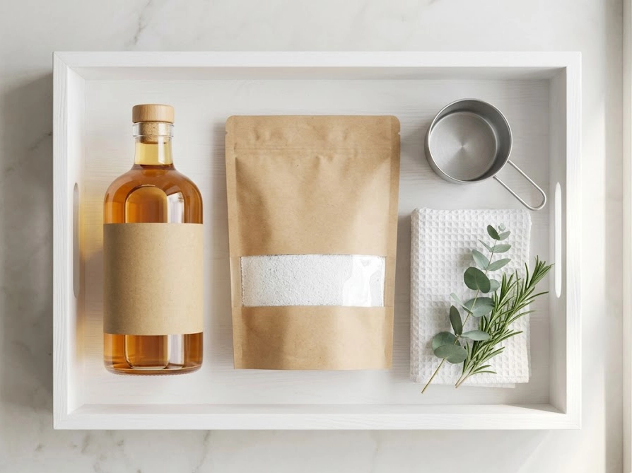 液体洗濯石鹸とクエン酸や酸素系漂白剤などの洗濯お助けアイテムが並ぶ俯瞰写真