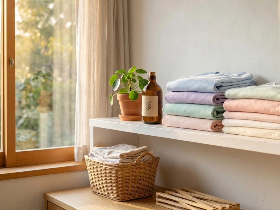 きれいに畳まれた洗濯物と液体洗濯石鹸が並ぶ明るいランドリースペース