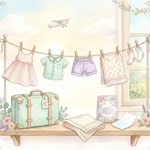 海外旅行の洗濯術をイメージした水彩風イラスト。パステルカラーのスーツケースと小さな物干しロープに干された衣類