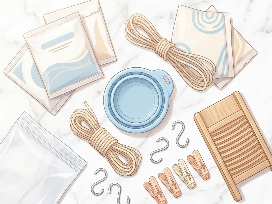 海外旅行の洗濯に便利な道具一覧。シリコンボウル・シート型洗剤・洗濯ロープ・S字フックなどのフラットレイ