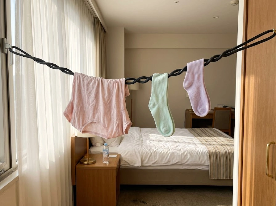 ホテルの客室内に張った洗濯ロープに衣類を干している様子。窓からの自然光が差し込む
