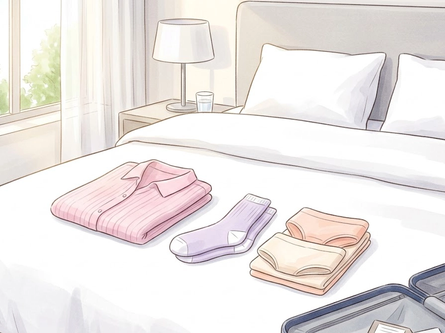 ホテルのベッドの上にきれいに畳まれた洗濯済みの衣類。海外旅行の洗濯成功イメージ