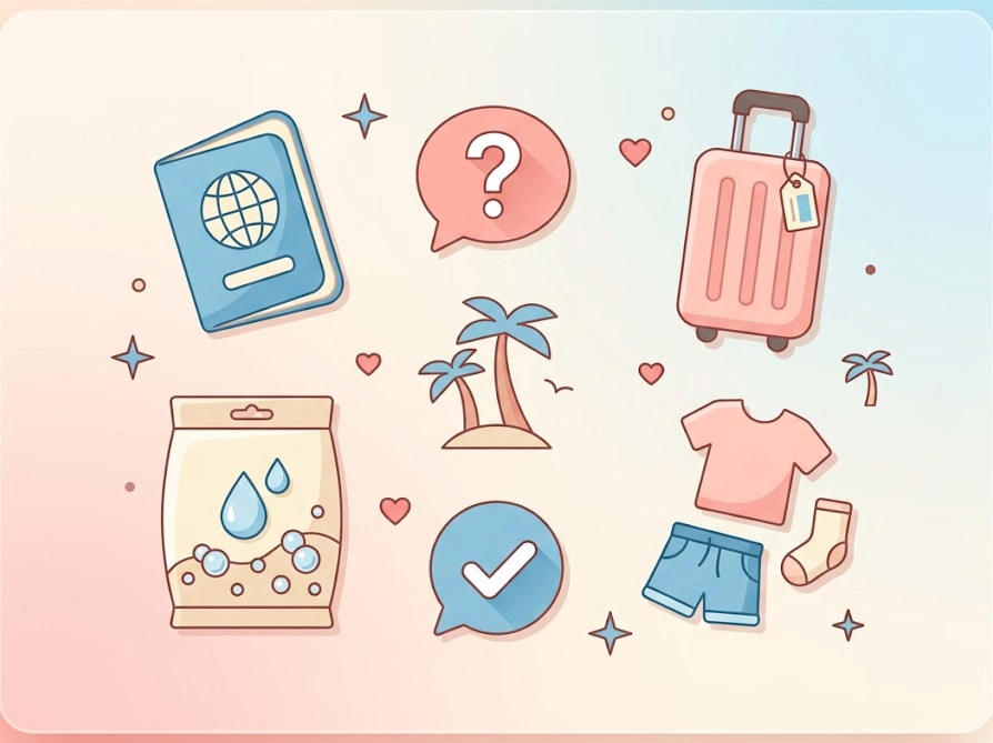 海外旅行の洗濯に関するよくある質問のイメージイラスト。パスポートや洗剤など旅行アイテムのアイコン