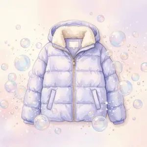 プリマロフトのジャケットと洗剤の泡をモチーフにした水彩風イラスト