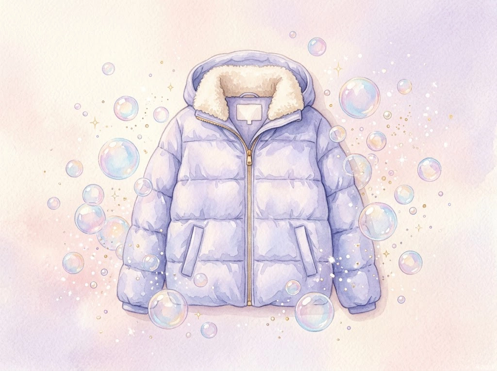 プリマロフトのジャケットと洗剤の泡をモチーフにした水彩風イラスト