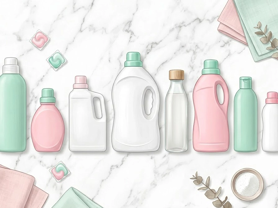 プリマロフトの洗濯に適した洗剤ボトルが並ぶ俯瞰イラスト