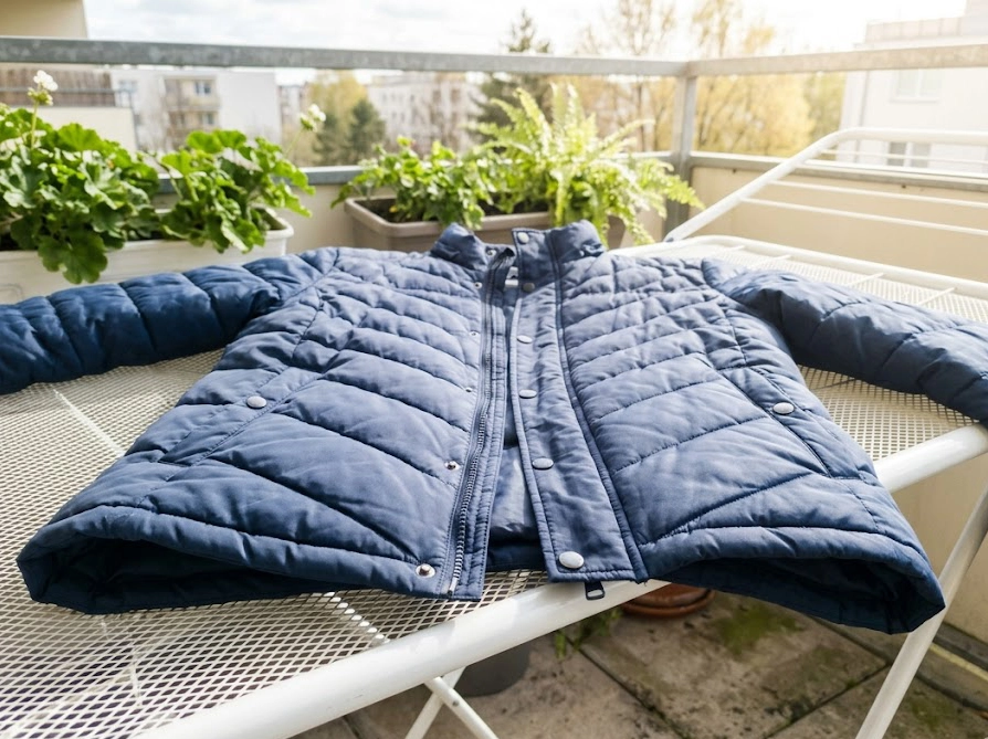 ベランダの平干しネットで乾燥中のプリマロフトジャケット