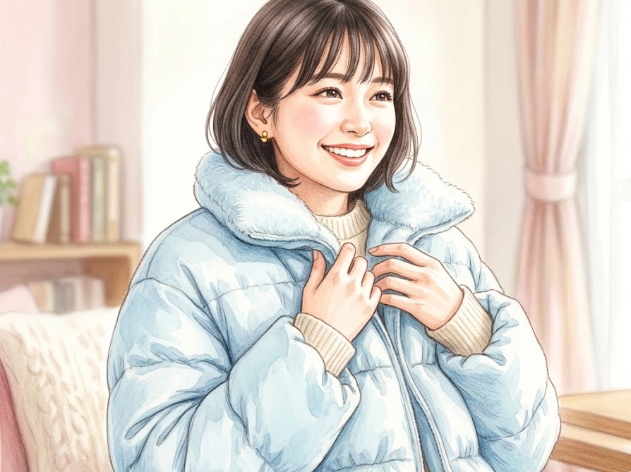 洗濯してふかふかになったジャケットを抱える笑顔の女性イラスト