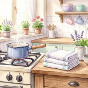 タオルの煮沸消毒をイメージした温かみのあるイラスト