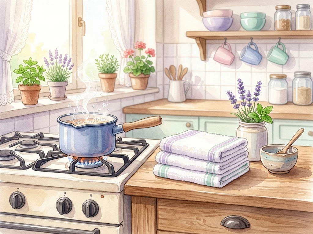 タオルの煮沸消毒をイメージした温かみのあるイラスト