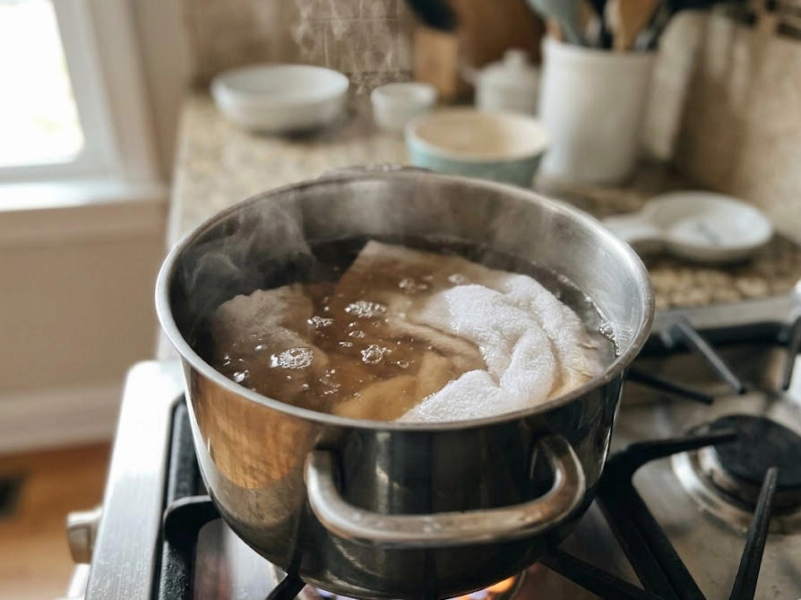 酸素系漂白剤で煮洗いしたタオルからお湯が茶色く変色した様子