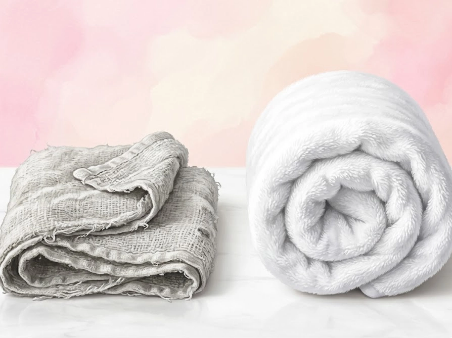 古くなったタオルと新品のふわふわタオルを比較したイメージ