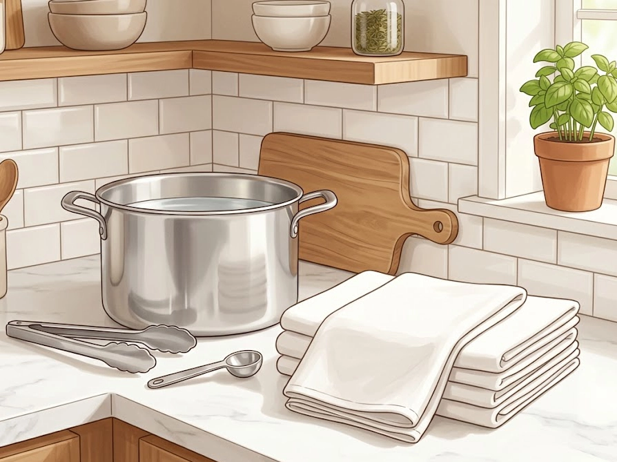 タオルの煮洗いに必要な道具一式をキッチンに並べた準備風景