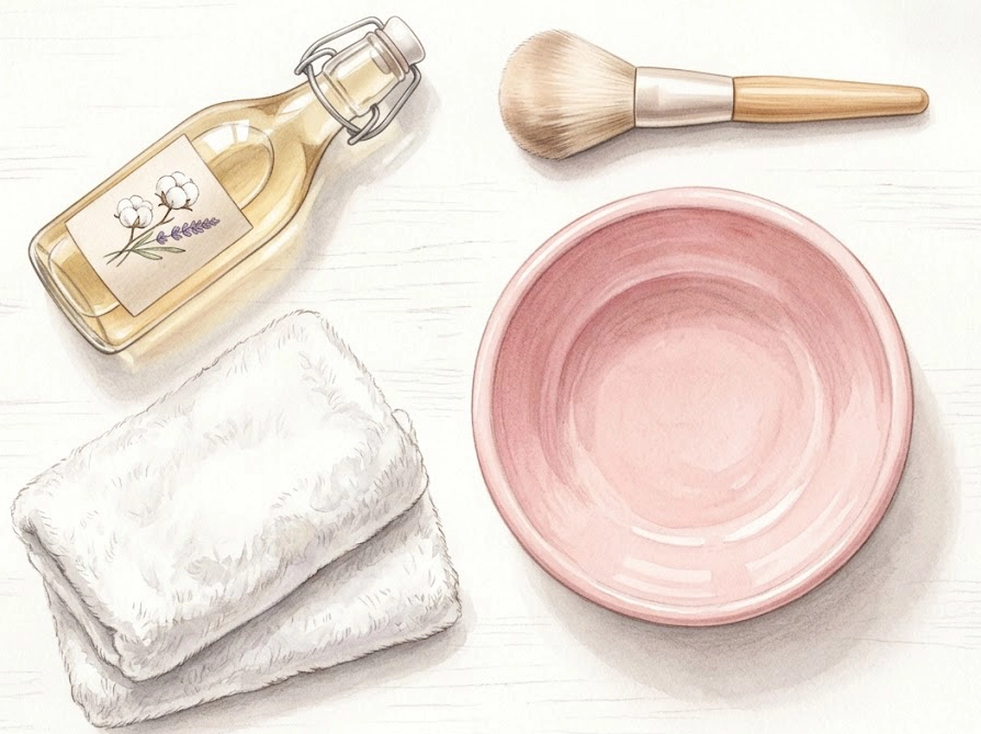 にじぱぺを洗うために準備する中性洗剤・洗面器・バスタオル・ブラシの俯瞰イラスト