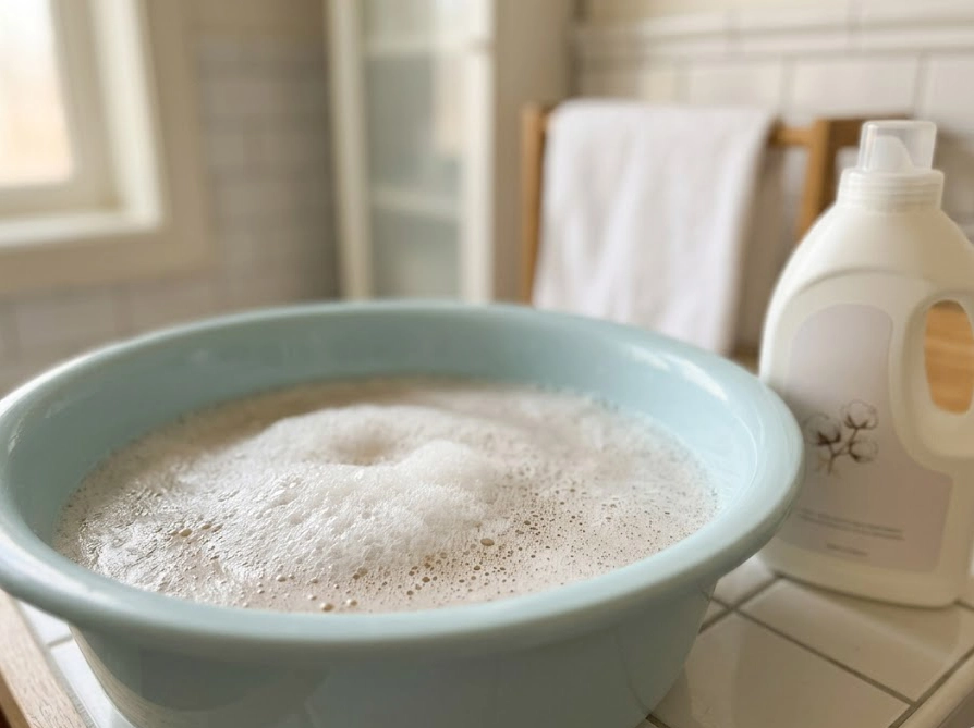 中性洗剤とぬるま湯の泡が入った洗面器のクローズアップ写真