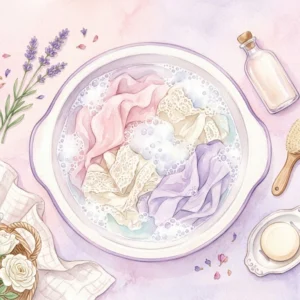 おりもので汚れたパンツの正しい洗い方をイメージした水彩風イラスト